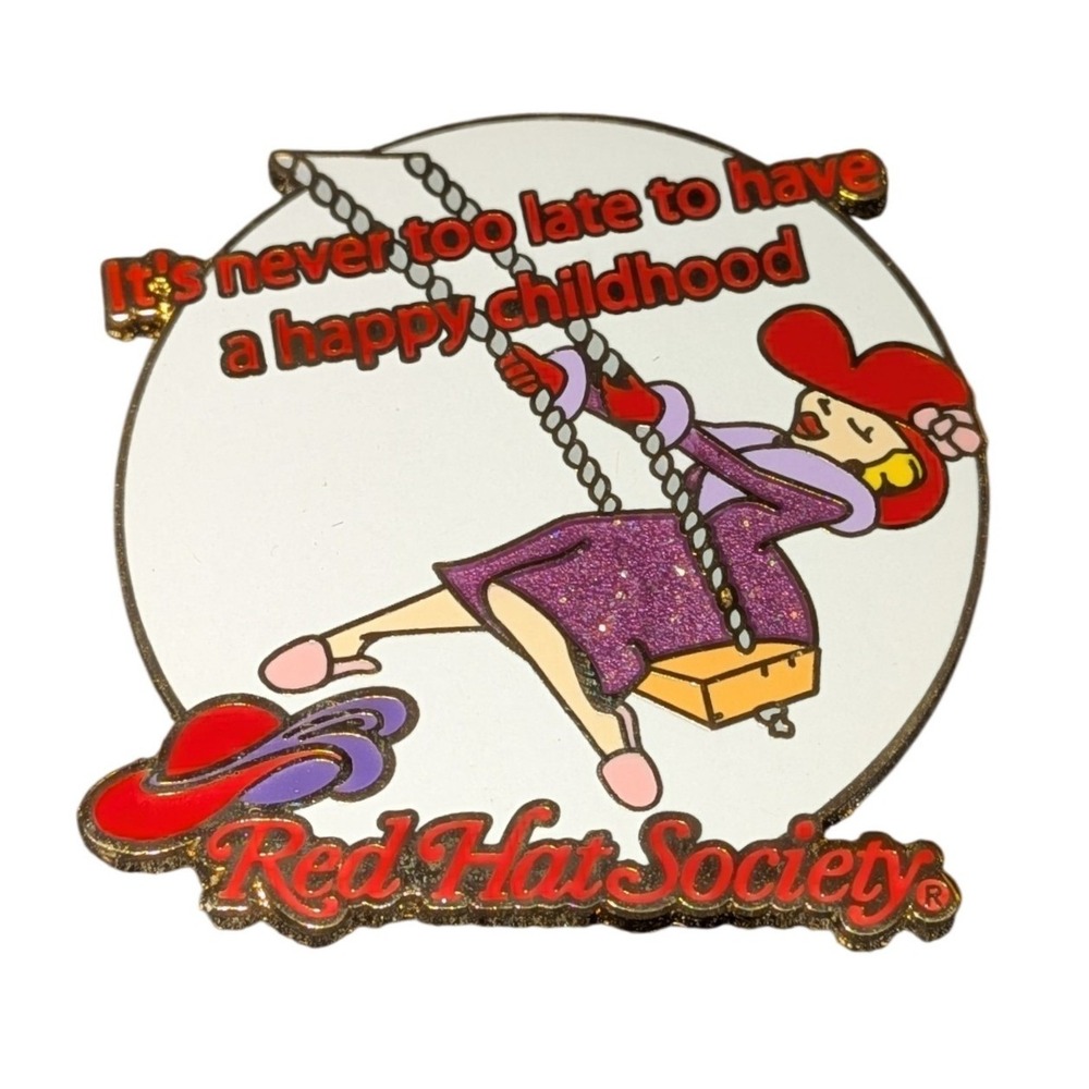 Red Hat Society Happy Childhood Glitter Enamel Pin 2009 Purple Dress Lady Swing
